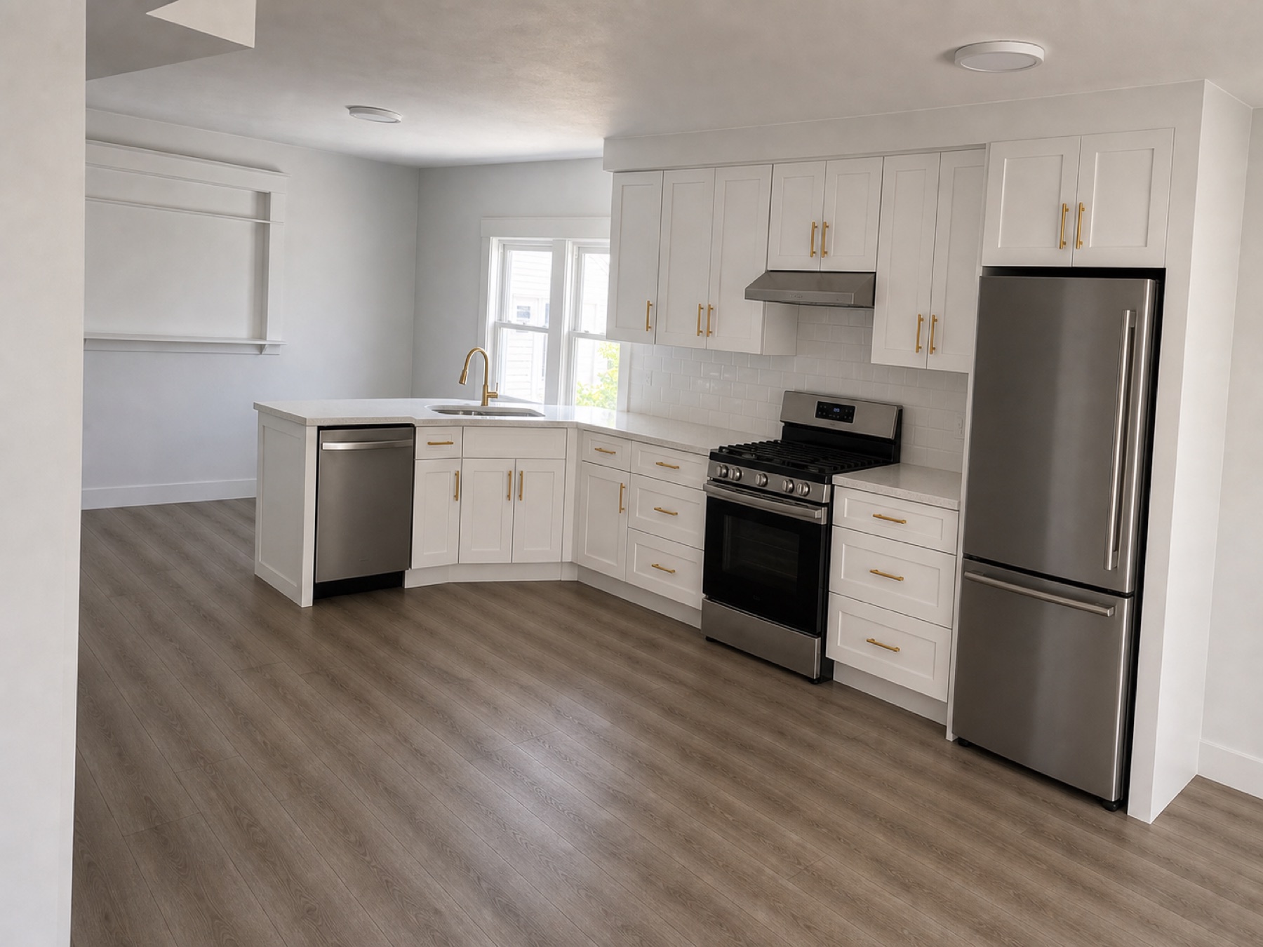 White kitchen renovation with cabinets, flooring, sink, stove, fridge and dishwasher